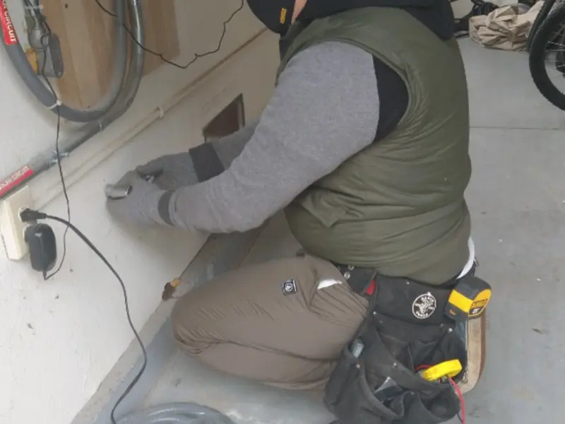Electrician performing outlet wiring in a Port Angeles garage